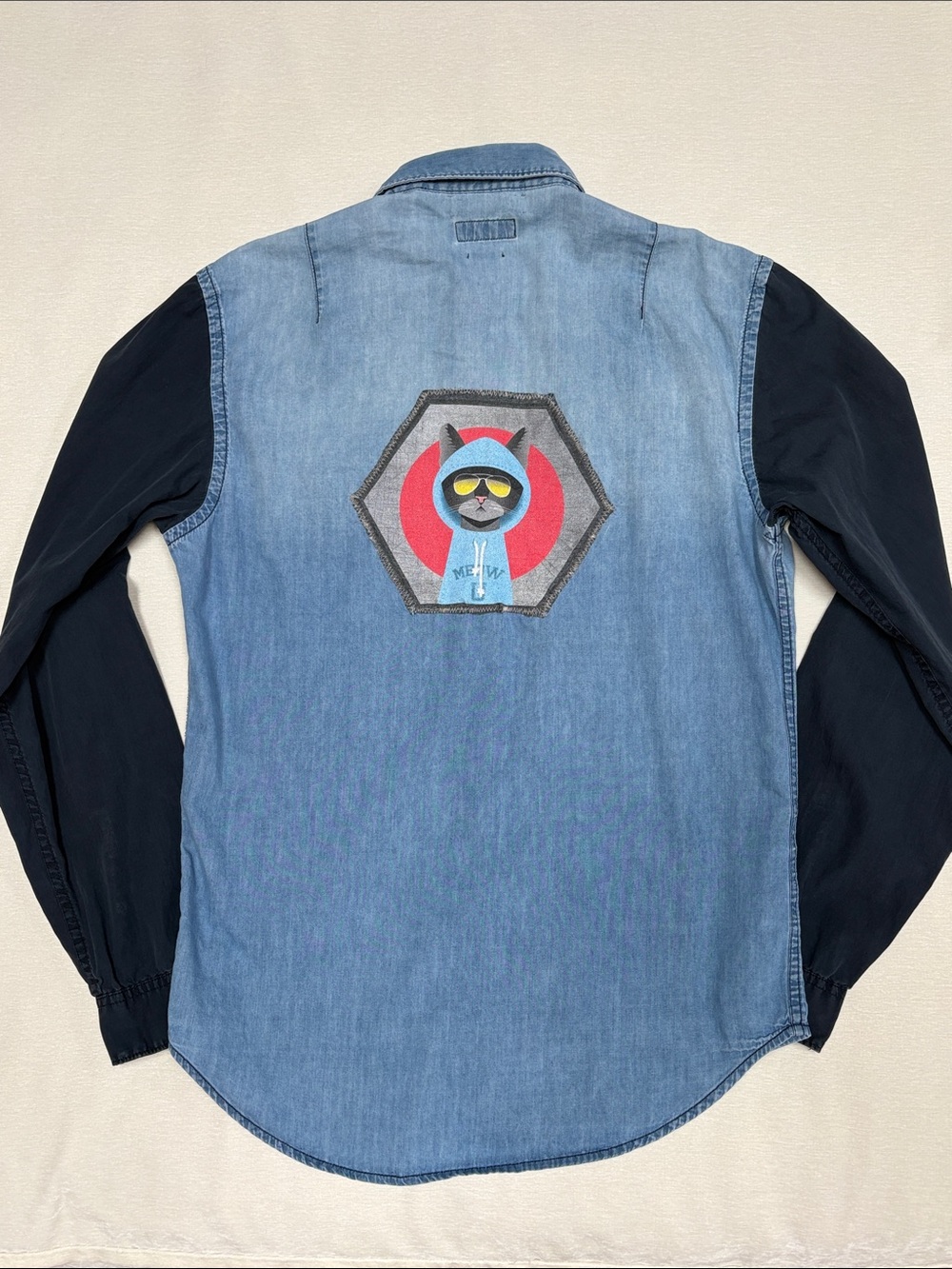Upcycled Denim Shirt with Cool Cat & Lounge Patches -Unique Wearable Art- Unisex